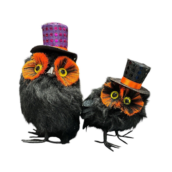 Halloween Black Feathered Owls with Sparkly Top Hats • Set of 2 • Gothic Decor - Picture 1 of 3